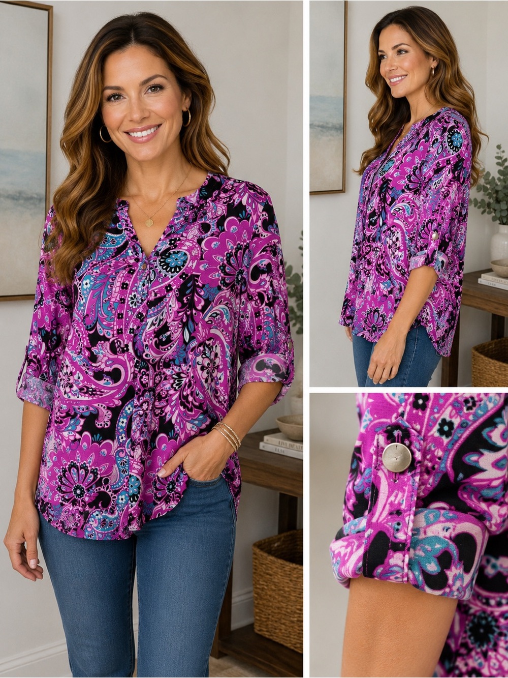 Dear Scarlett Paisley Roll-Tab Sleeve Blouse Size Large